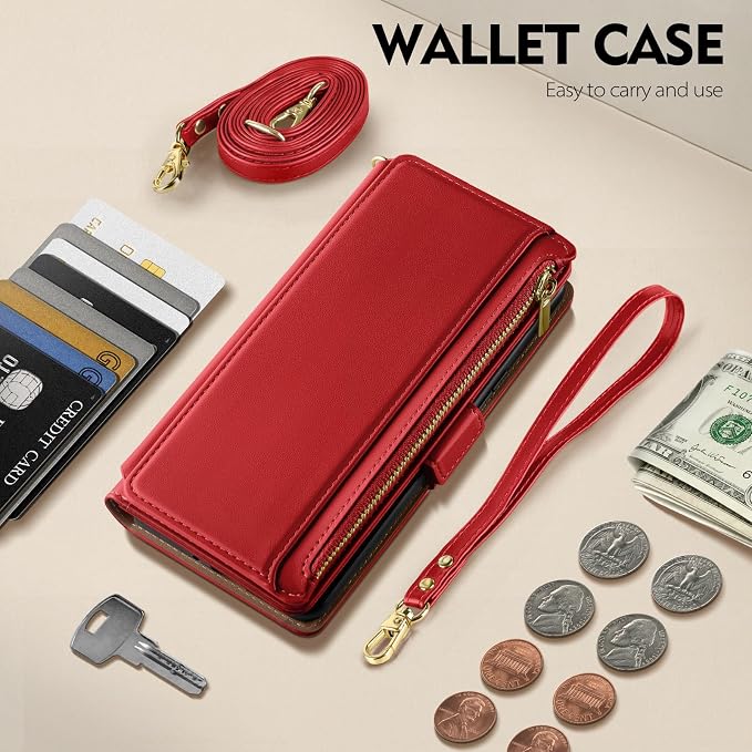 Antsturdy Compatible with iPhone 17 Pro Wallet Case Women,RFID Blocking PU Leather Phone Case Men Kickstand Flip Cover Wrist Strap Zipper Credit Card Holder Slots for Apple 17 Pro 6.3",Red
