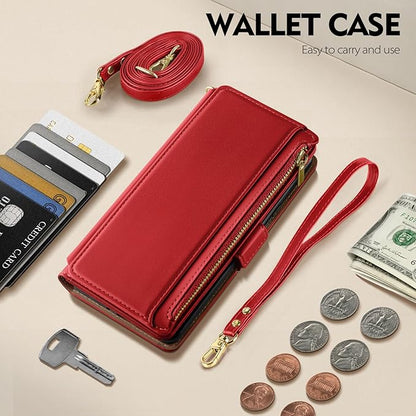 Antsturdy Compatible with iPhone 16 Plus Wallet Case,RFID Blocking PU Leather Phone Case Women Men Kickstand flip Cover Wrist Strap Zipper Credit Card Holder Slots for Apple 16 Plus 6.7",Red
