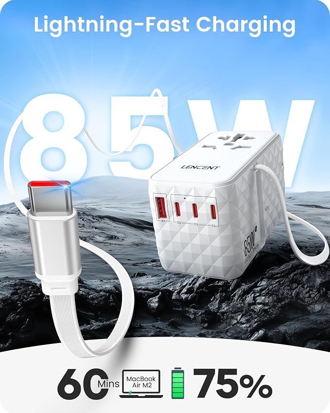 LENCENT 85W Universal Travel Power Adapter with Retractable USB C Cable | GaN International Travel Adapter with 1 USB-A & 3 Type C Fast Charging, Worldwide Plug Adaptor for US to EU UK Type C/G/A/I