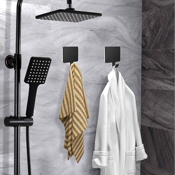 Shaver Hook Hanger Stand Caddy Self Adhesive Stick on Hook Heavy Duty Stainless Steel Phone Holder for Shower, Tools for Hanging Washcloth Towel Loofah for Bathtub Wall, Black (4 Pack)