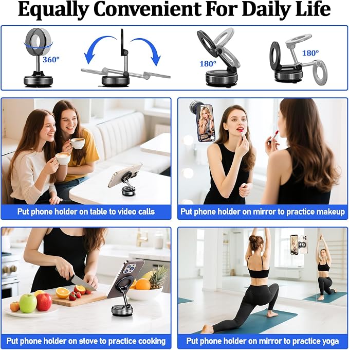 Vacuum Magnetic Car Phone Holder Stand,Reinforced Ultra-Strong Vacuum Suction Cup,360° Rotation&Foldable,Universal Dashboard Windshield/Gym/Mirror/Kitchen Phone Stand,for All iPhone Series&All Android