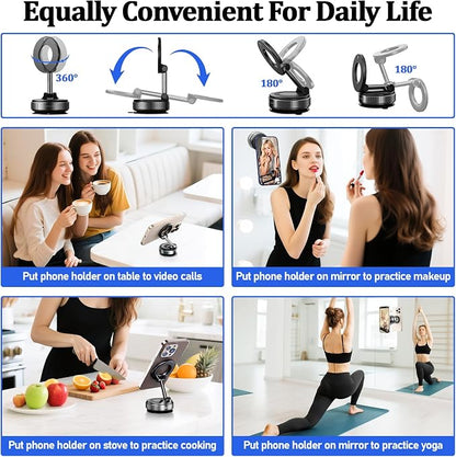 Vacuum Magnetic Car Phone Holder Stand,Reinforced Ultra-Strong Vacuum Suction Cup,360° Rotation&Foldable,Universal Dashboard Windshield/Gym/Mirror/Kitchen Phone Stand,for All iPhone Series&All Android