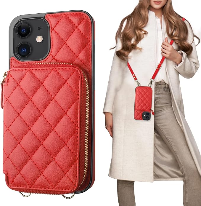 Bocasal Crossbody Wallet Case for iPhone 12/12 Pro, RFID Blocking PU Leather Zipper Handbag Purse Flip Cover, Kickstand Folio Case with Card Slots Holder Wrist Strap Lanyard 5G 6.1 Inch (Red)