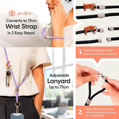 Pulpo 2 in 1 Anti Theft Phone Lanyard and Wrist Strap for iPhone and Android, Adjustable Cell Phone Leash and Universal Tether, Hands Free Strap for Travel Running and Everyday Use, Lavender & Blue