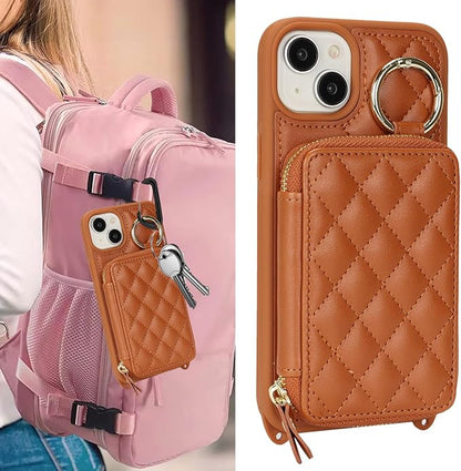Crossbody Wallet Case for iPhone 14 Plus, PU Leather Zipper Handbag Purse Flip Cover, Kickstand Folio Case with Card Slots Holder Wrist Strap Lanyard 5G 6.7 Inch-Brown