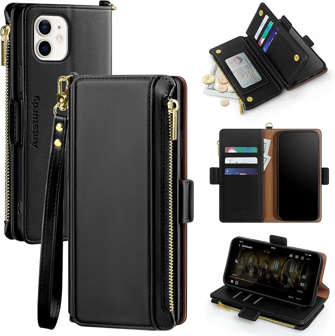 Antsturdy Compatible with iPhone 12 mini Wallet Case,RFID Blocking PU Leather Phone Case Women Men Kickstand Flip Cover Wrist Strap Zipper Credit Card Holder Slots,for Apple 12 mini,Black