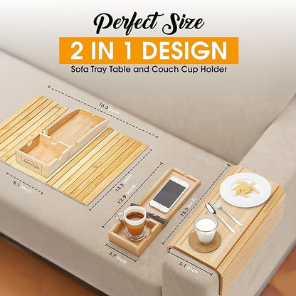 Bamboo Couch Cup Holder Tray with 2 Cork Coasters, Couch Arm Tray, 2 in 1 Anti-Slip Foldable Sofa Arm Tray, Couch Armrest Table, Anti-Spill Couch Arm Table for Drinks TV Remote Cellphone Snacks