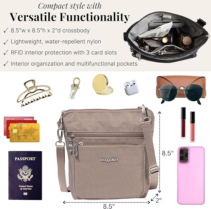 Baggallini Modern Pocket Crossbody Bag for Women, 8.5"x8.5" Handbag Purse with RFID, Lightweight Water-Resistant