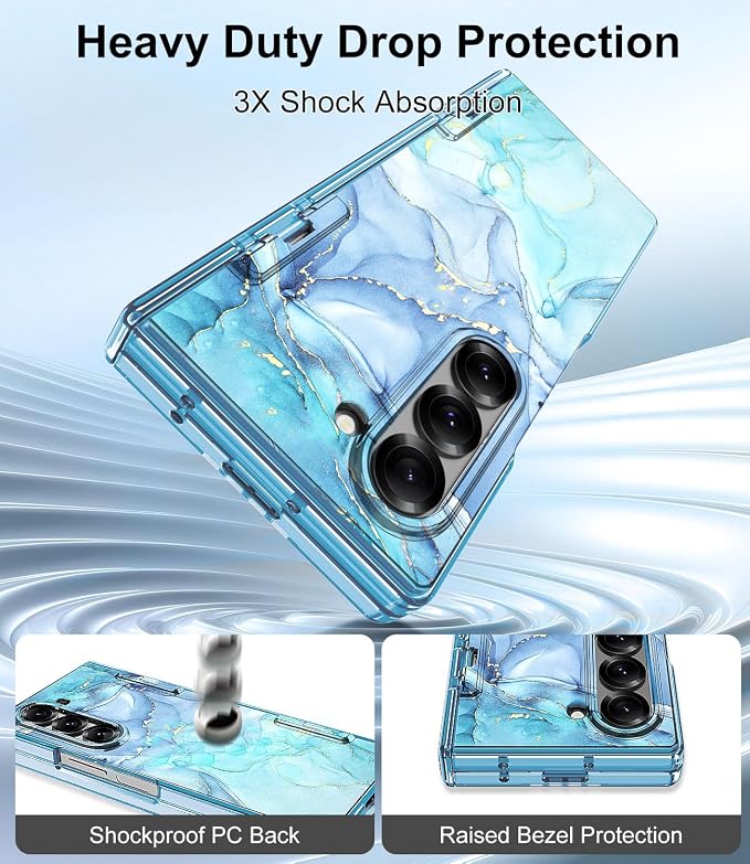 Btscase for Samsung Galaxy Z Fold 6 Case,Built in Front Screen Protector,Gold Glitter Marble Pattern Hard PC Slim Shockproof Full Body Drop Protective Case for Galaxy Z Fold 6 5G, Blue Cyan