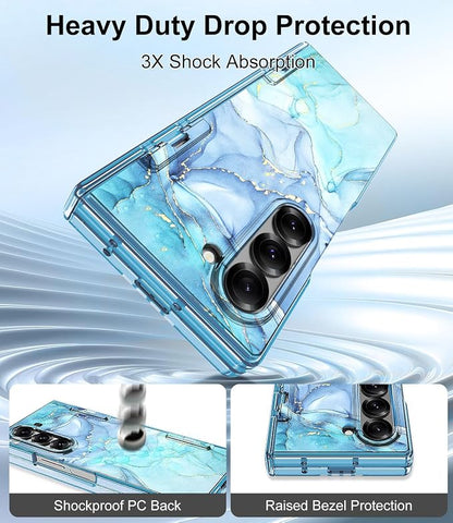 Btscase for Samsung Galaxy Z Fold 6 Case,Built in Front Screen Protector,Gold Glitter Marble Pattern Hard PC Slim Shockproof Full Body Drop Protective Case for Galaxy Z Fold 6 5G, Blue Cyan