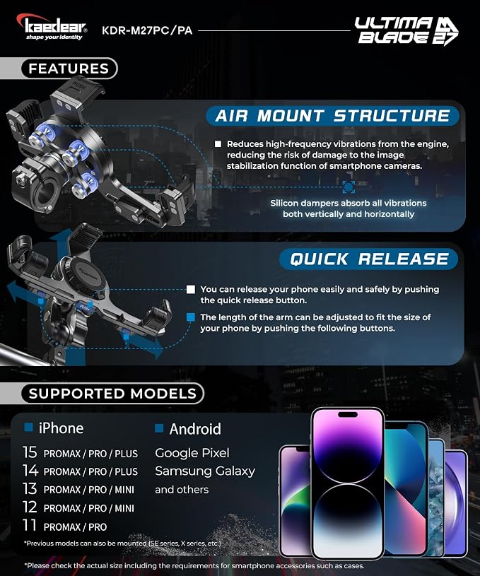 Kaedear Motorcycle Phone Mount, Aluminum, Premium Phone Holder, Anti-Vibrations, Quick Release Button, Durable, Anti-Theft Mount, Ultima Blade KDR-M27PC-BK (Black)