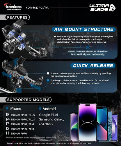 Kaedear Premium Motorcycle Phone Mount, Ql Wireless Charging, Aluminum, Anti-Vibrations, USB Charging, Quick Release Button, Durable, Anti-Theft Mount, Ultima Blade KDR-M27PA-BK (Black)