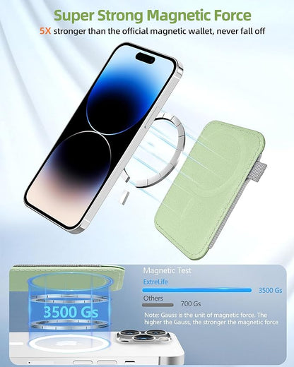 ExtreLife For Magsafe Wallet, Strongest Magnetic Wallet for iPhone 17/16/15/14/13/12 Series, Magnetic Card Holder with 2 Card Slots, RFID Blocking, Vegan Leather, Hold 7 Cards, Light Green