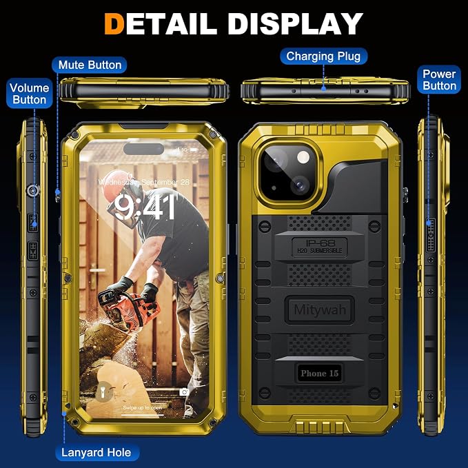 Mitywah Waterproof Case for iPhone 15, Heavy Duty Shockproof Case with Built-in Screen Protector, Full Body Underwater Protective Metal Case 6.1 inch, Yellow