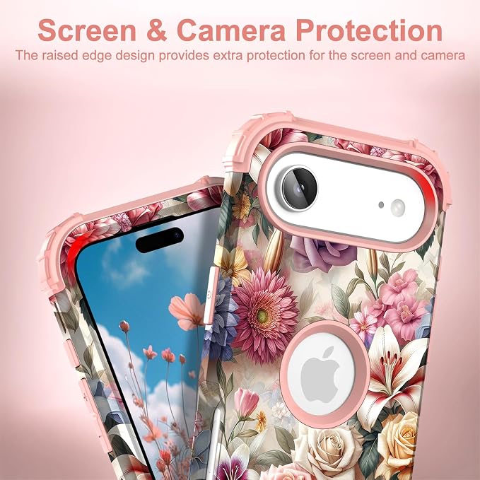 Hocase for iPhone Air Case 6.5", Heavy Duty Shockproof Protection Soft Silicone Rubber+Hard Plastic Bumpers Hybrid Protective Case for iPhone Air 2025 - Rose Flowers
