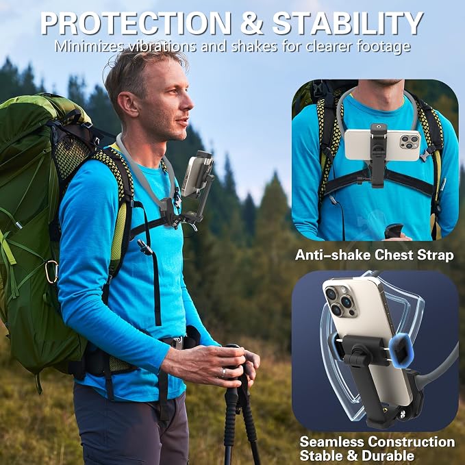 Beviliu Neck Phone Holder for Recording, Hands-Free POV/Vlog Neck Mount with Phone Clip & Chest Strap for Cooking/Fishing/Video Filming, Content Creator Phone Holder for iPhone Android Insta360