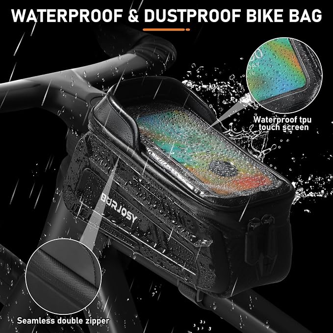 Bike Phone Front Frame Bag, Waterproof Bike Phone Holder Bag with TPU Touch-Screen & Sun-Visor, Bike Bag Accessories Compatible Phone Under 7”