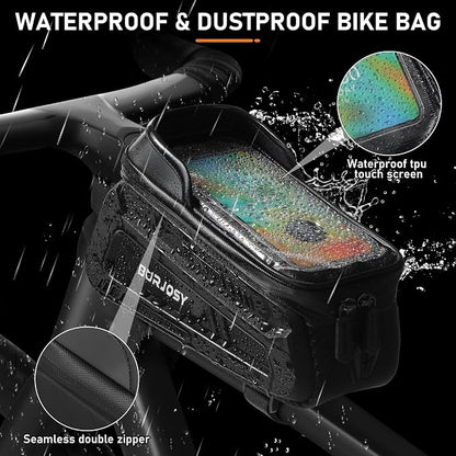 Bike Phone Front Frame Bag, Waterproof Bike Phone Holder Bag with TPU Touch-Screen & Sun-Visor, Bike Bag Accessories Compatible Phone Under 7”