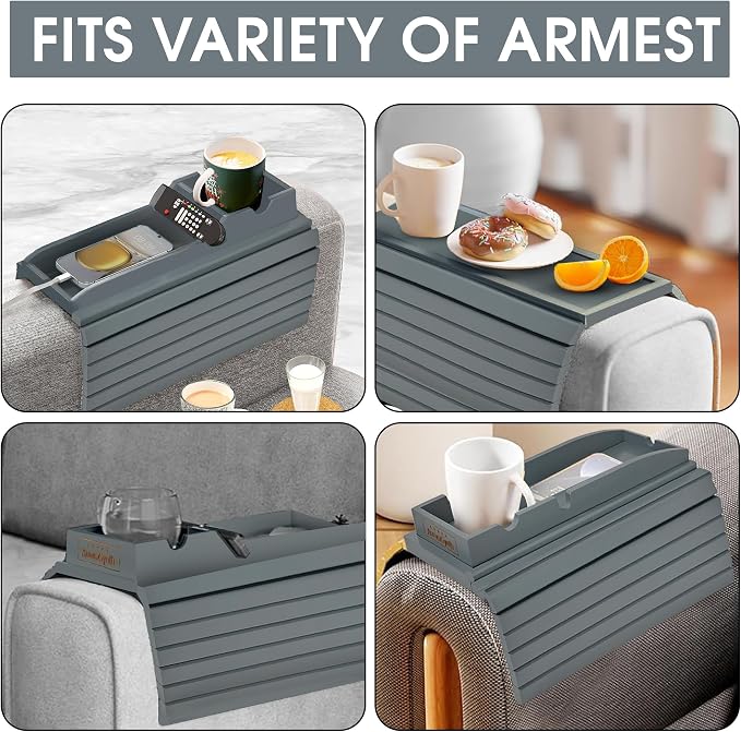 Couch Cup Holder Tray with 2 Cork Coasters, Couch Caddy, Anti-Slip Foldable Armrest Sofa Tray, Couch Armrest Table, Anti-Spill Holder for Remote, Snacks, Cellphone - Ideal Gift (Grey)