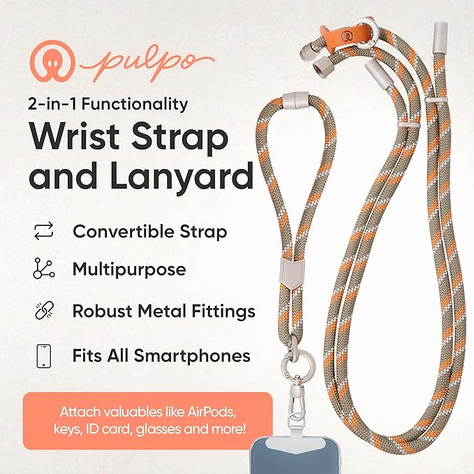 Pulpo 2 in 1 Anti Theft Phone Lanyard and Wrist Strap for iPhone and Android, Adjustable Cell Phone Leash and Universal Tether, Hands Free Strap for Travel Running and Everyday Use, Green & Orange
