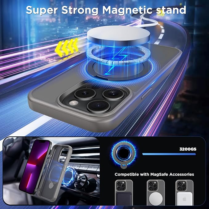 CACOE Magnetic Case for iPhone 13 Pro 6.1 inch with 360 Rotatable Ring Stand, Compatible with MagSafe Car Phone Mount, Cover Phone Holder for Desk Meeting/Videos（Light Gray）