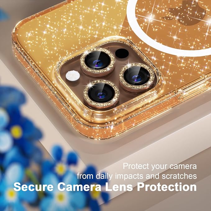 Choiche for iPhone 16 Pro Case Magnetic, Women Clear Glitter Bling Sparkly Case, [3xDiamond Camera Lens Protectors] [2xTempered Glass Screen Protectors] [Compatible MagSafe] 6.3"(Glitter Gold)