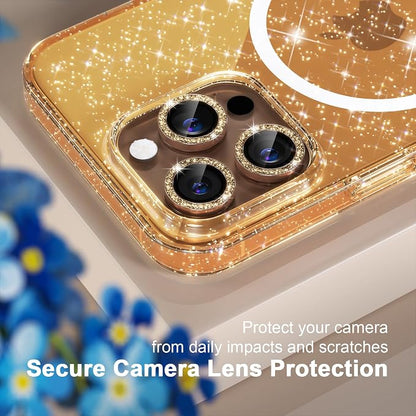 Choiche for iPhone 16 Pro Case Magnetic, Women Clear Glitter Bling Sparkly Case, [3xDiamond Camera Lens Protectors] [2xTempered Glass Screen Protectors] [Compatible MagSafe] 6.3"(Glitter Gold)