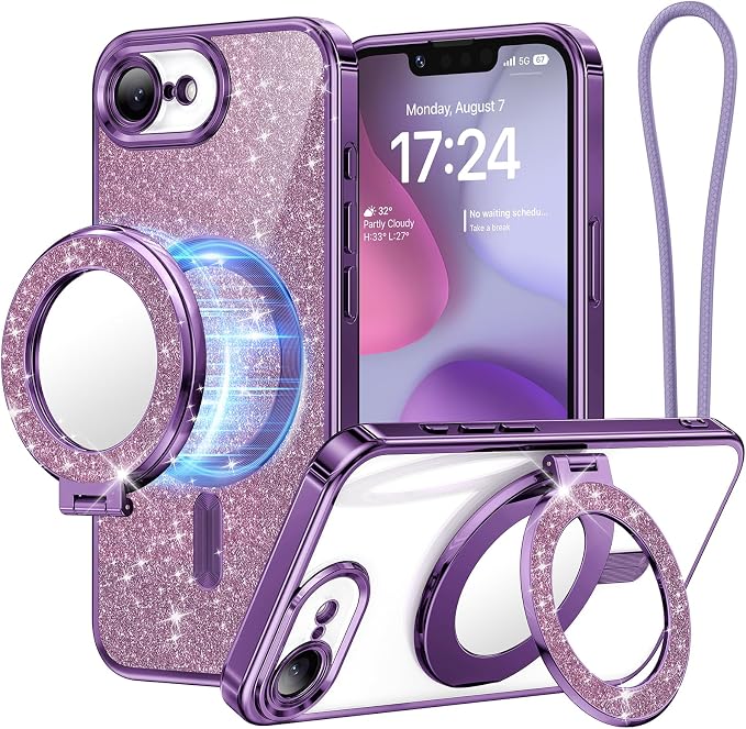 Meifgino Magnetic Case with Removable Phone Ring Stand for iPhone 16E 6.1’’, [Glitter Card & Wrist Strap] [MagSafe Compatible] [Built in Mirror] Phone Ring Stand + Phone Case Kit, Purple