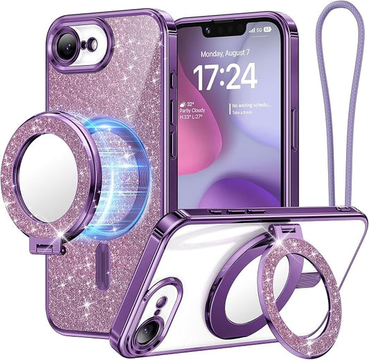 Meifgino Magnetic Case with Removable Phone Ring Stand for iPhone 16E 6.1’’, [Glitter Card & Wrist Strap] [MagSafe Compatible] [Built in Mirror] Phone Ring Stand + Phone Case Kit, Purple