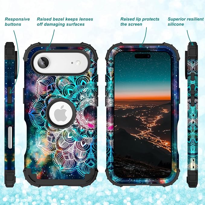 Hocase for iPhone Air Case 6.5", Heavy Duty Shockproof Protection Soft Silicone Rubber+Hard Plastic Bumpers Hybrid Protective Case for iPhone Air 2025 - Mandala in Galaxy