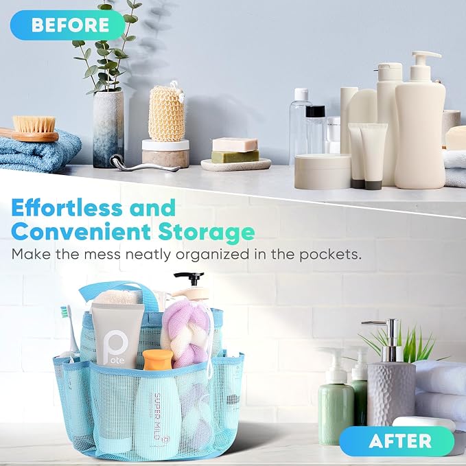EUDELE Mesh Shower Caddy Portable, 8-Pocket Large Capacity, Quick Dry, Easy Clean, Ideal for Beach, Swimming, Gym, Travel