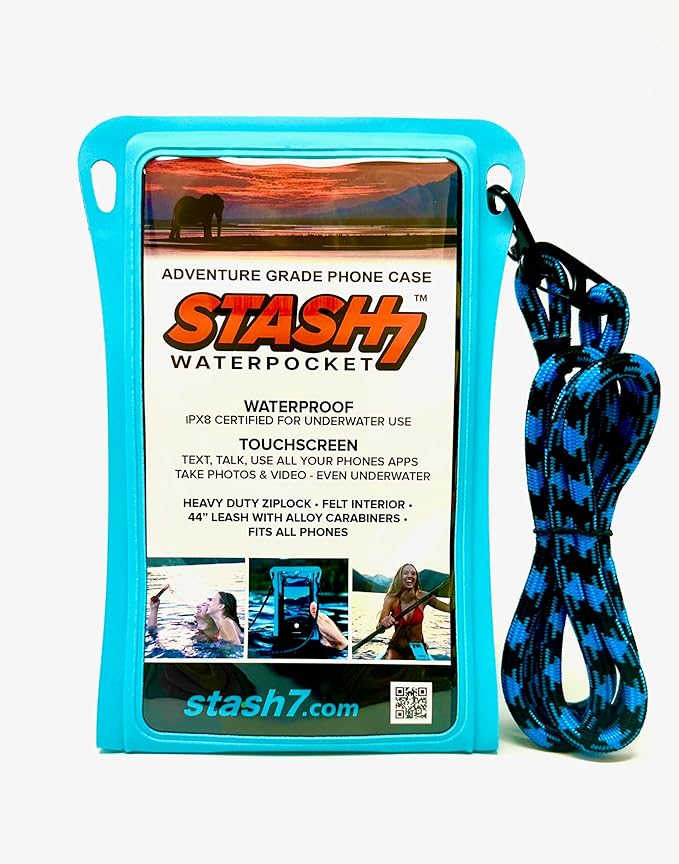 Stash7 Waterproof Phone Pouch w/Long Lanyard | IPX8 Adventure Grade Cellphone Dry Bag Case, Fits iPhone 15 Pro Max,14 Pro Max, 13 Pro Max, XS, XR, Galaxy S21, for Snorkeling, Kayaking, Cruise Blue