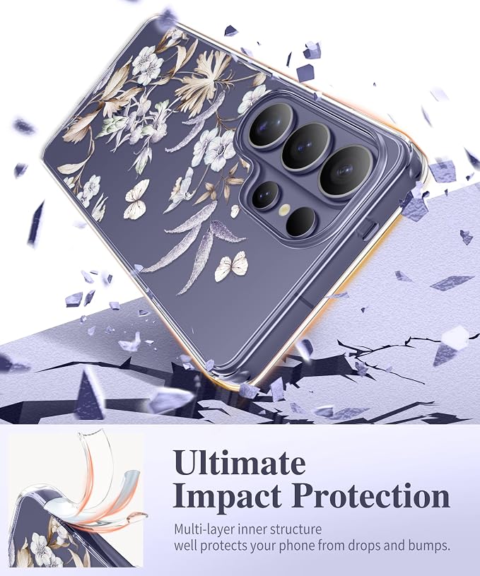 GVIEWIN Compatible with Samsung Galaxy S26 Ultra Case, Clear Floral Slim Shockproof Protective Women Phone Case, Non-Yellowing, with Screen Protector & Camera Lens Protector 6.9", Corals/Lilac
