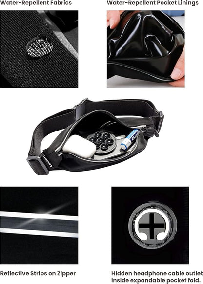 Running Belt - Running Fanny Pack for Training, Jogging, and Walking, Slim, Waterproof, Expandable, Waist Bag, Money Keys Cards Phone Holder with Reflective Zipper (Black)