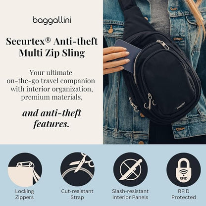 Baggallini Securtex® Anti-Theft Multi Zip Sling - Lightweight 8.6"x15.2" Travel Bag with Locking Zippers & RFID Protection