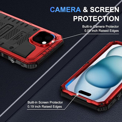 Beasyjoy for iPhone 15 Case Waterproof, Metal Heavy Duty Full Body Protective Case with Built-in Screen Protector, Military Grade Shockproof Dustproof Defender Rugged Cover for iPhone 15 6.1", Red