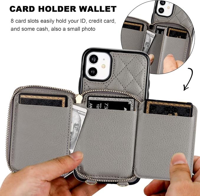 Bocasal Crossbody Wallet Case for iPhone 11, RFID Blocking PU Leather Zipper Handbag Purse Flip Cover, Kickstand Folio Case with Card Slots Holder Wrist Strap Lanyard 6.1 Inch (Grey)