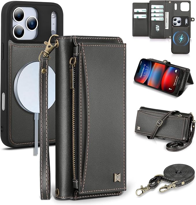 Wallet Case for iPhone 17 Pro Max with Card Holder/Crossbody Wallet/Strap,[RFID Blocking][Magnetic] PU Leather Phone Case for iPhone 17 Pro Max,6.9 in,Black