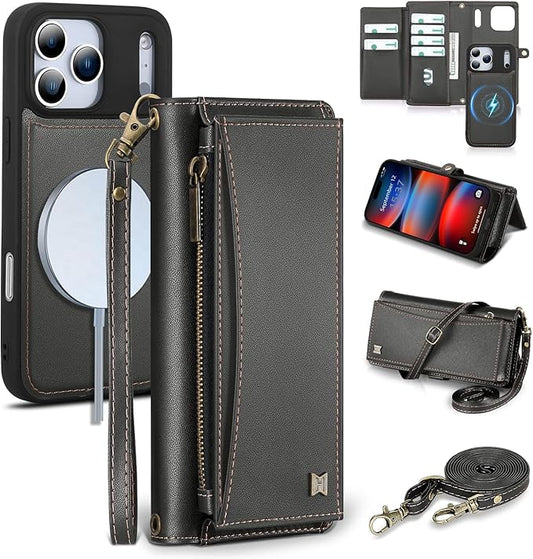 Wallet Case for iPhone 17 Pro Max with Card Holder/Crossbody Wallet/Strap,[RFID Blocking][Magnetic] PU Leather Phone Case for iPhone 17 Pro Max,6.9 in,Black