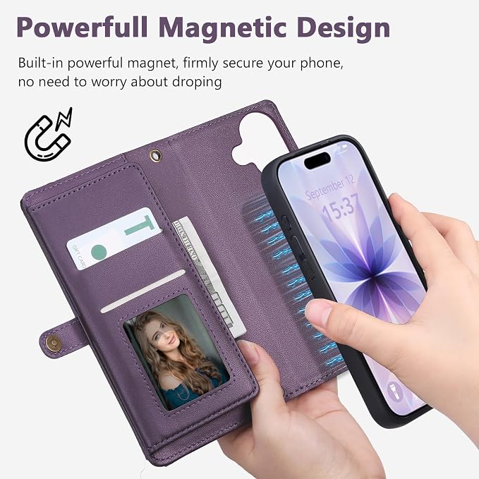 Wallet Case for iPhone 17 with Card Holder/Crossbody Wallet/Strap,[RFID Blocking][Magnetic] PU Leather Phone Case for iPhone 17,6.3 in,Purple