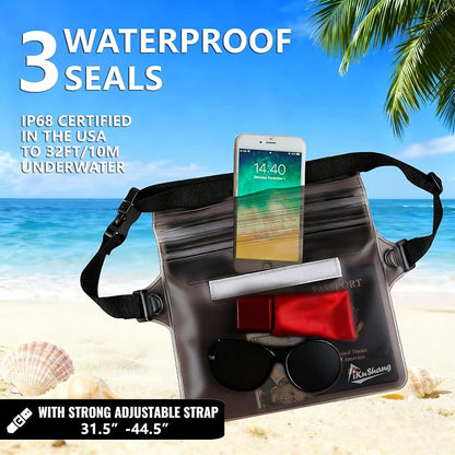 Waterproof Fanny Pack Phone Pouch - 32FT Submersible Triple Zip Lock Dry Bag, Touchscreen Passport Wallet Travel Pouch for Beach Cruise Swimming Kayaking Boating Essentials