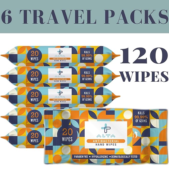 ALTA + Alcohol Free Hand Sanitizing Wipes, Travel Size, 20 Wipes, 6 Packs, Total 120 Pieces