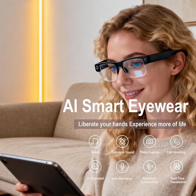 AI Smart Glasses with Camera, 8MP HD Video Recording, Real-Time Translation, Voice Assistant, camera glasses,ai glasses,Open-Ear Audio, Metal Frame, Auto Color-Changing Lenses for Travel & Vlogging