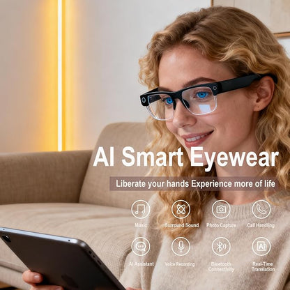 AI Smart Glasses with Camera, 8MP HD Video Recording, Real-Time Translation, Voice Assistant, camera glasses,ai glasses,Open-Ear Audio, Metal Frame, Auto Color-Changing Lenses for Travel & Vlogging