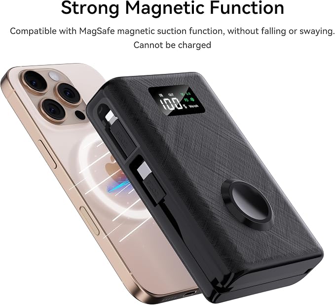 pzoz 20000mAh Portable Power Bank Powerbank with Apple Watch Magnetic Wireless Charger,USB Type C PD Fast Charging Cable Travel High Capacity Compatible iWatch iPhone 17 16 15 (Black)