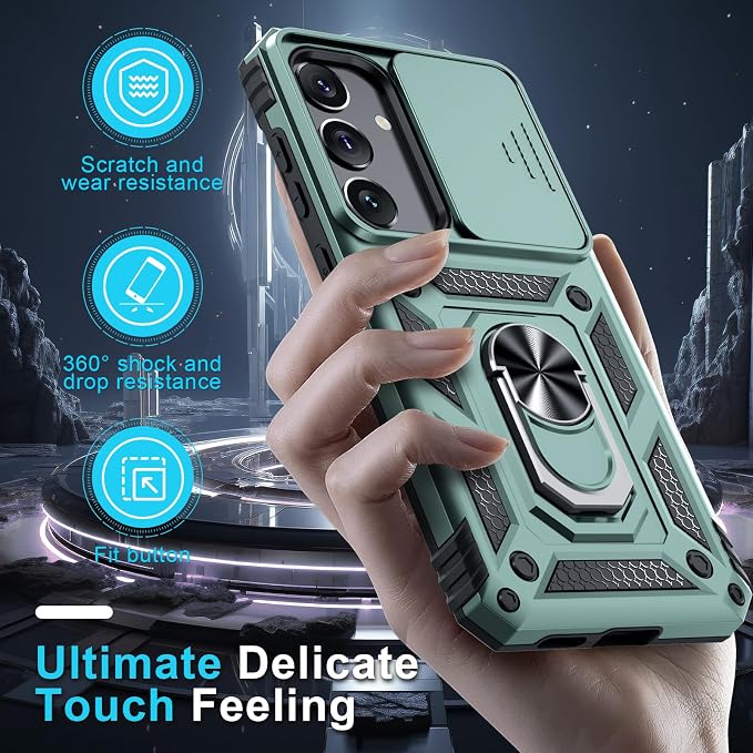 Janmitta Compatible with Samsung Galaxy S25 Plus/S24 Plus Case Built in Slide Camera Lens Cover+Screen Protector+Finger Ring Holder Kickstand,Heavy Duty Shockproof Full Body Phone Cover,Dark Green