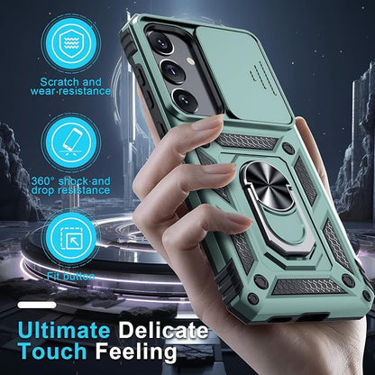 Janmitta Compatible with Samsung Galaxy S25 Plus/S24 Plus Case Built in Slide Camera Lens Cover+Screen Protector+Finger Ring Holder Kickstand,Heavy Duty Shockproof Full Body Phone Cover,Dark Green