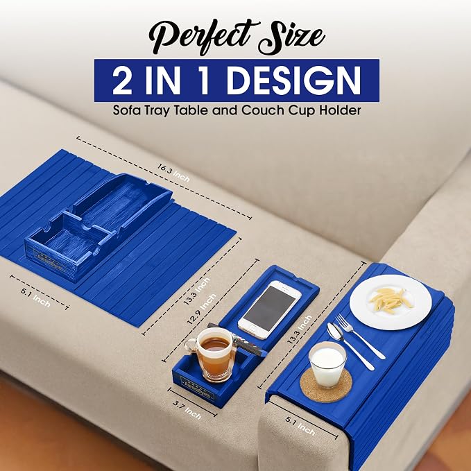Couch Cup Holder Tray with 2 Cork Coasters, Couch Caddy, Anti-Slip Foldable Armrest Sofa Tray, Couch Armrest Table, Anti-Spill Holder for Remote, Snacks, Cellphone - Ideal Gift (Blue)