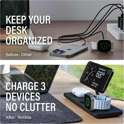 Nimble Podium 3-in-1 Wireless Charging Station for Apple, Qi2-Certified 15W Magsafe Charger Stand, Wireless Charger for iPhone 17 16 15 14 13 - Apple Watch - Airpods Series (Charger & USB-C Included)
