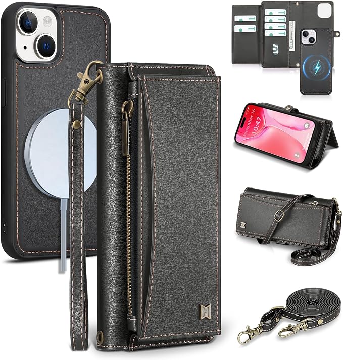 Wallet Case for iPhone 15 Plus with Card Holder/Crossbody Wallet/Strap| RFID Blocking | Magnetic | Kickstand | Detachable | PU Leather Phone Case for iPhone 15 Plus,6.7 in,Black